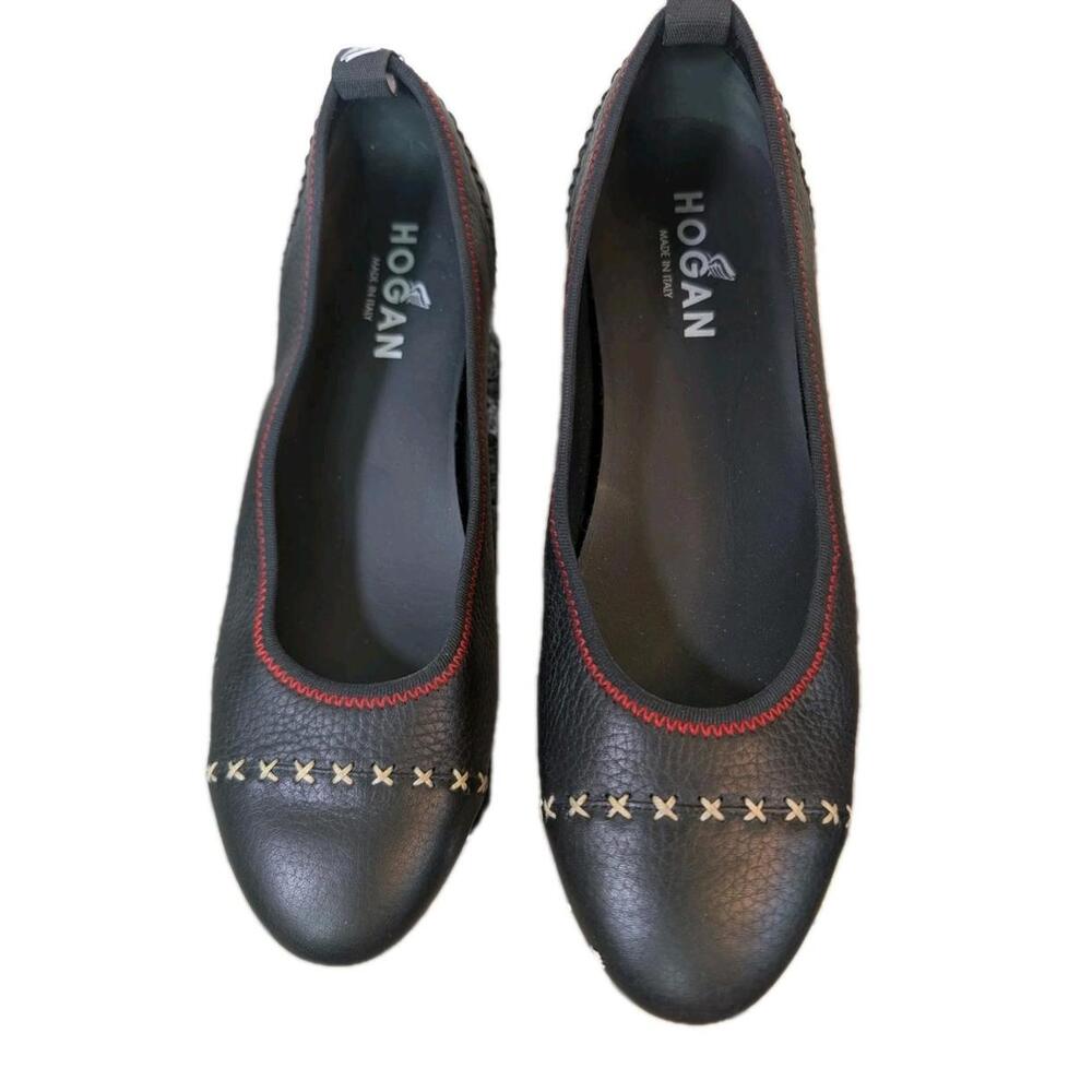 HOGAN women shoes Black hammered leather elasticized Wrap round toe Flat Sz 7